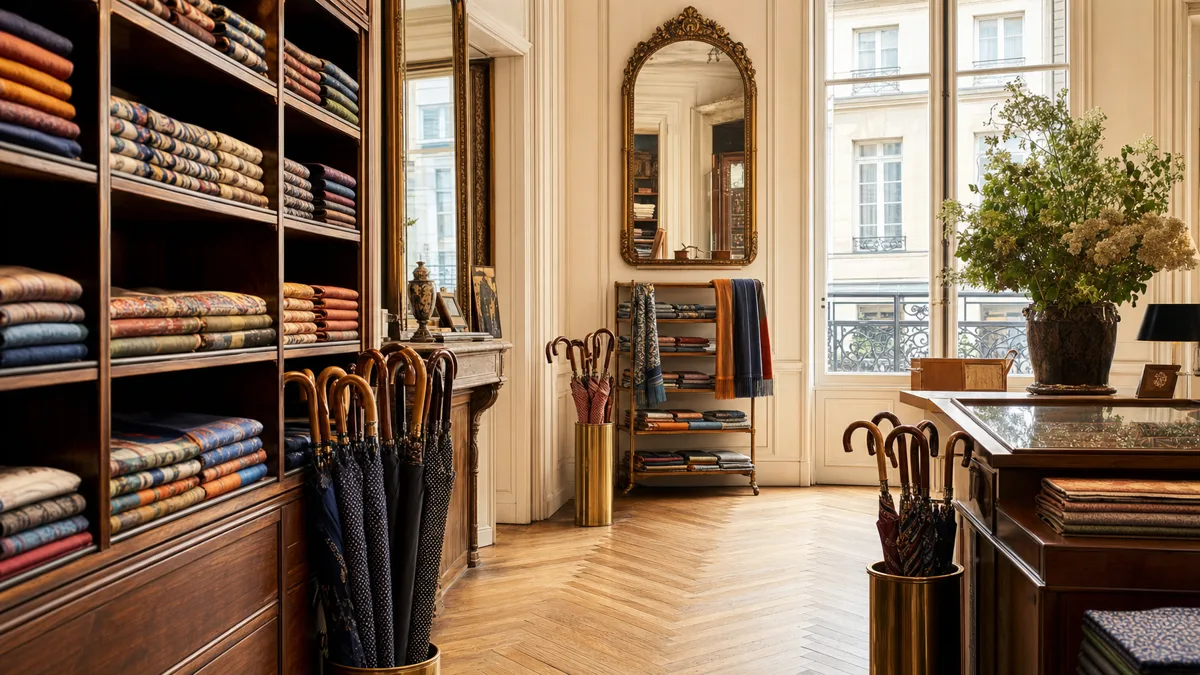 Illustration d’ambiance d’un intérieur parisien avec étoffes et parapluies, ne représentant pas la boutique réelle