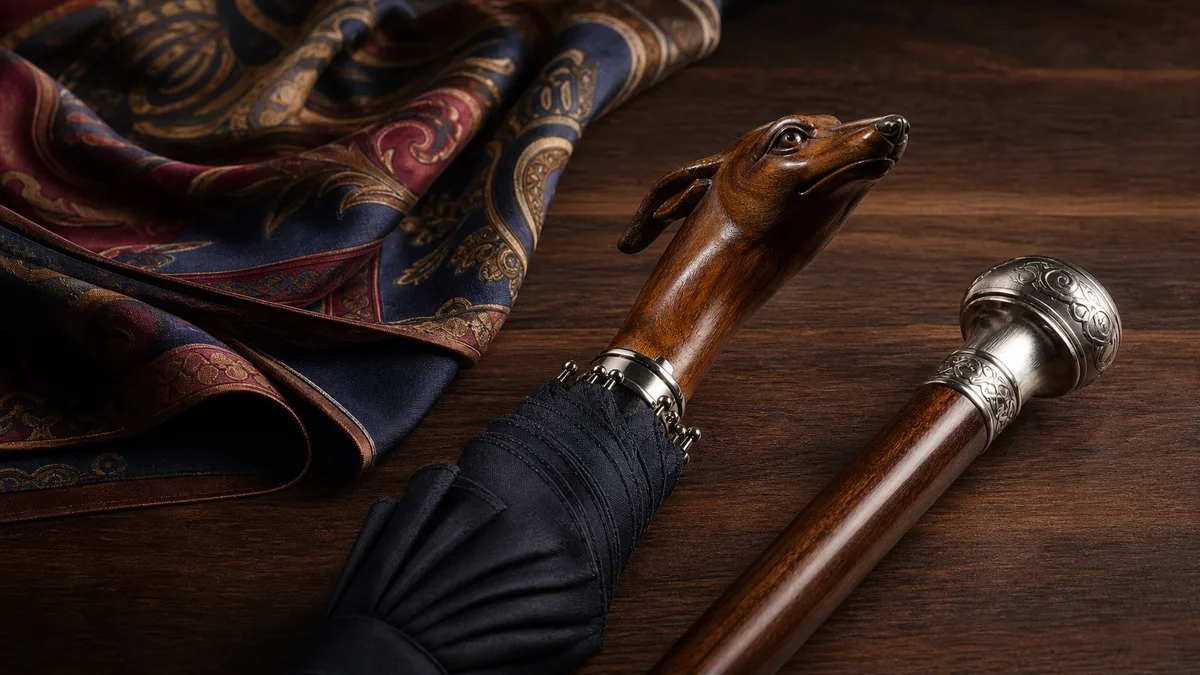 Illustration d’ambiance montrant un parapluie à poignée animale, une canne et une étole à motifs sur une table