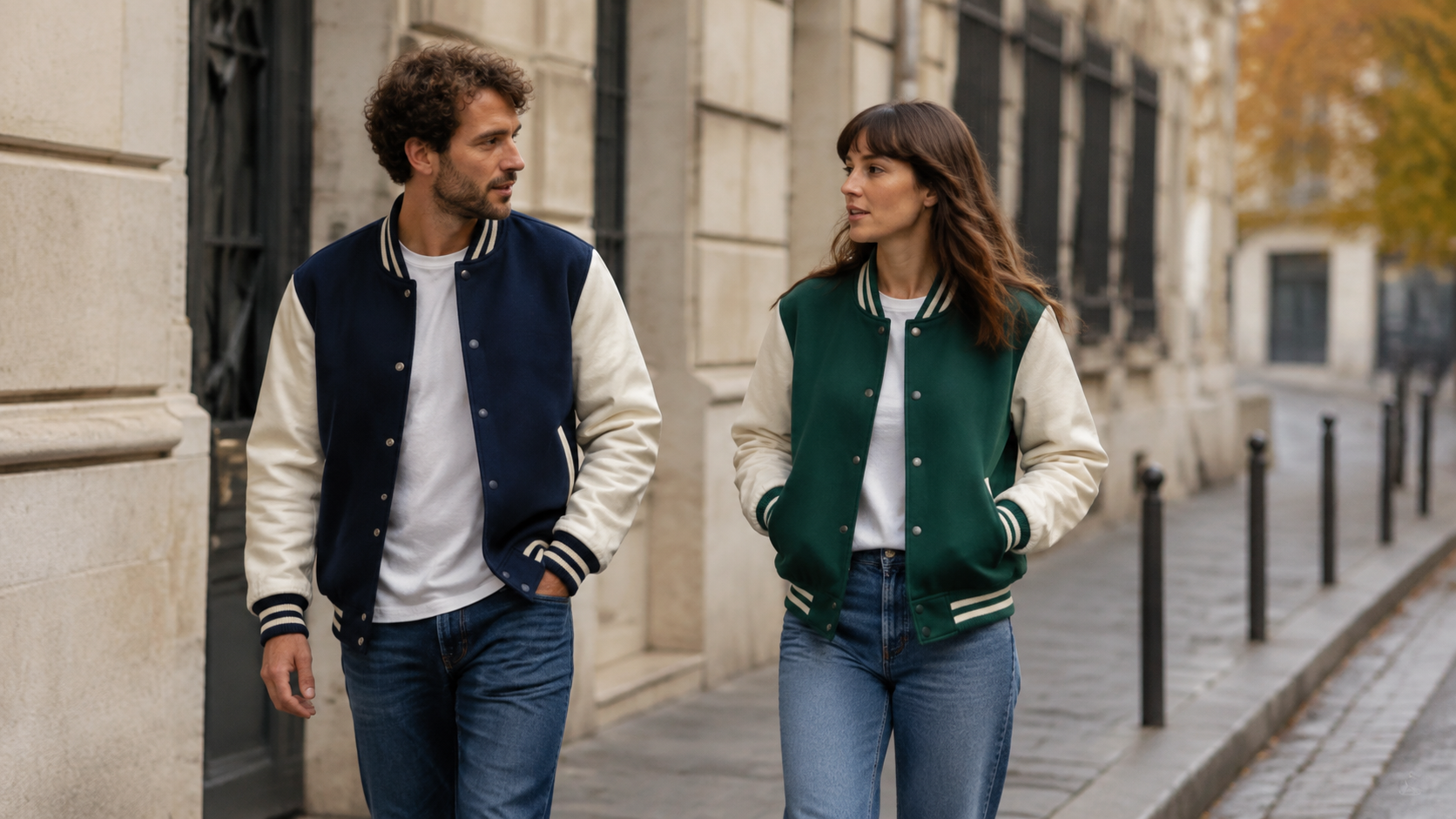 Un homme et une femme portant des blousons teddy marine et vert dans une rue urbaine