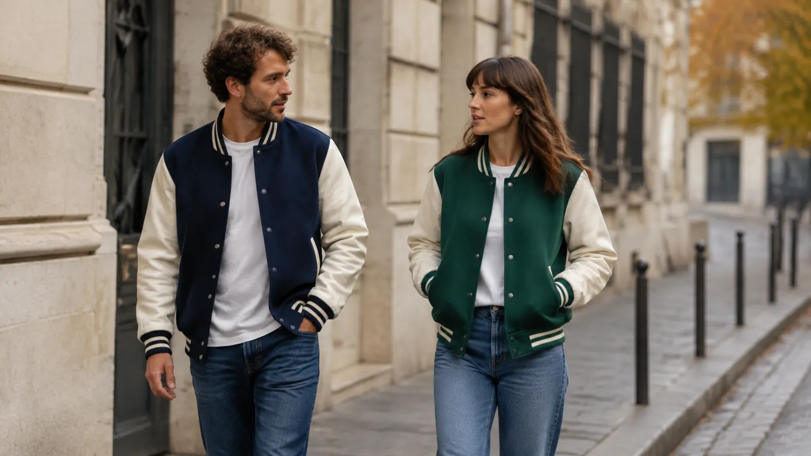 Un homme et une femme portant des blousons teddy marine et vert dans une rue urbaine
