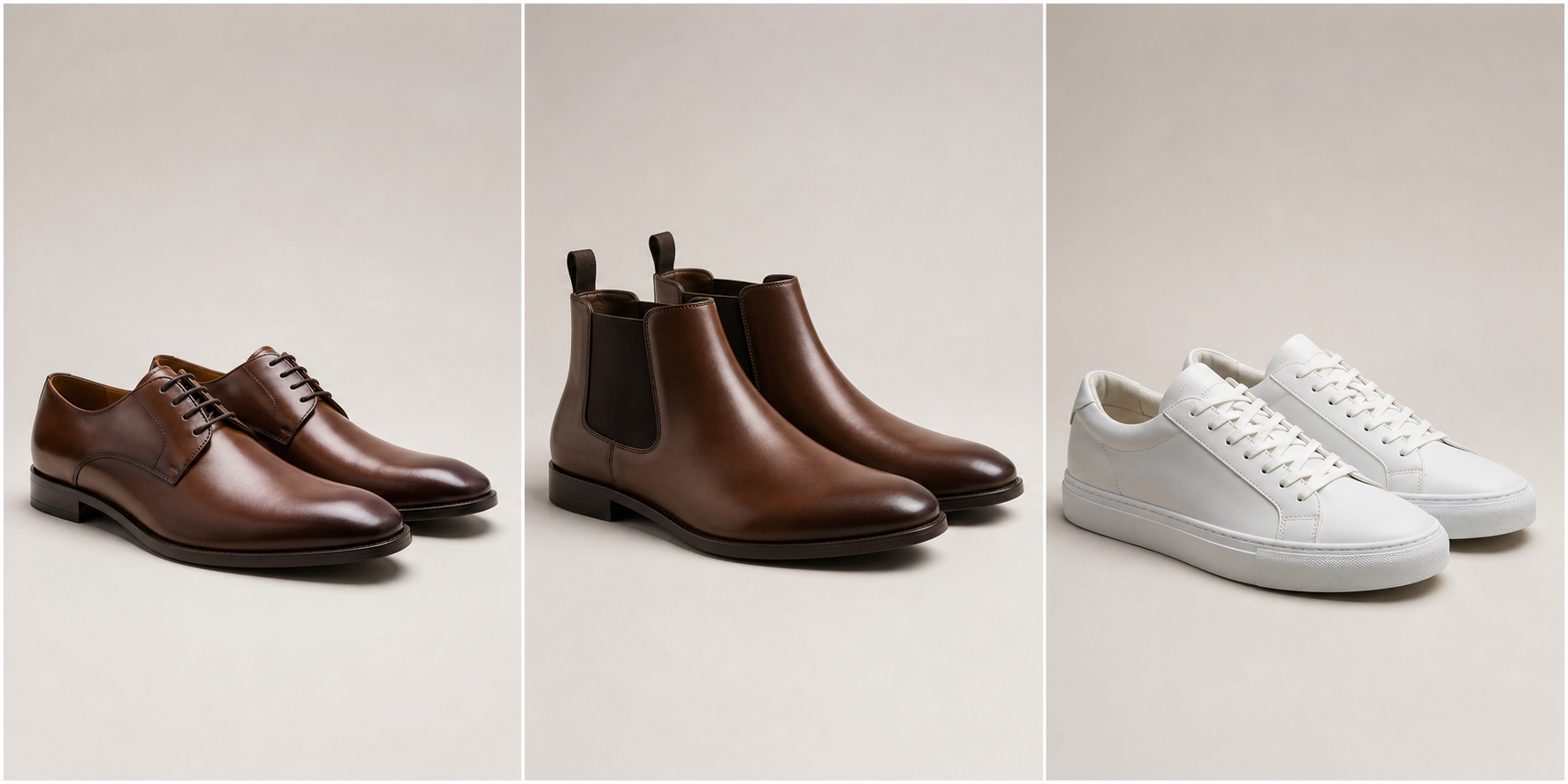 Derbies, boots chelsea marron et baskets blanches adaptées à une tenue casual chic homme