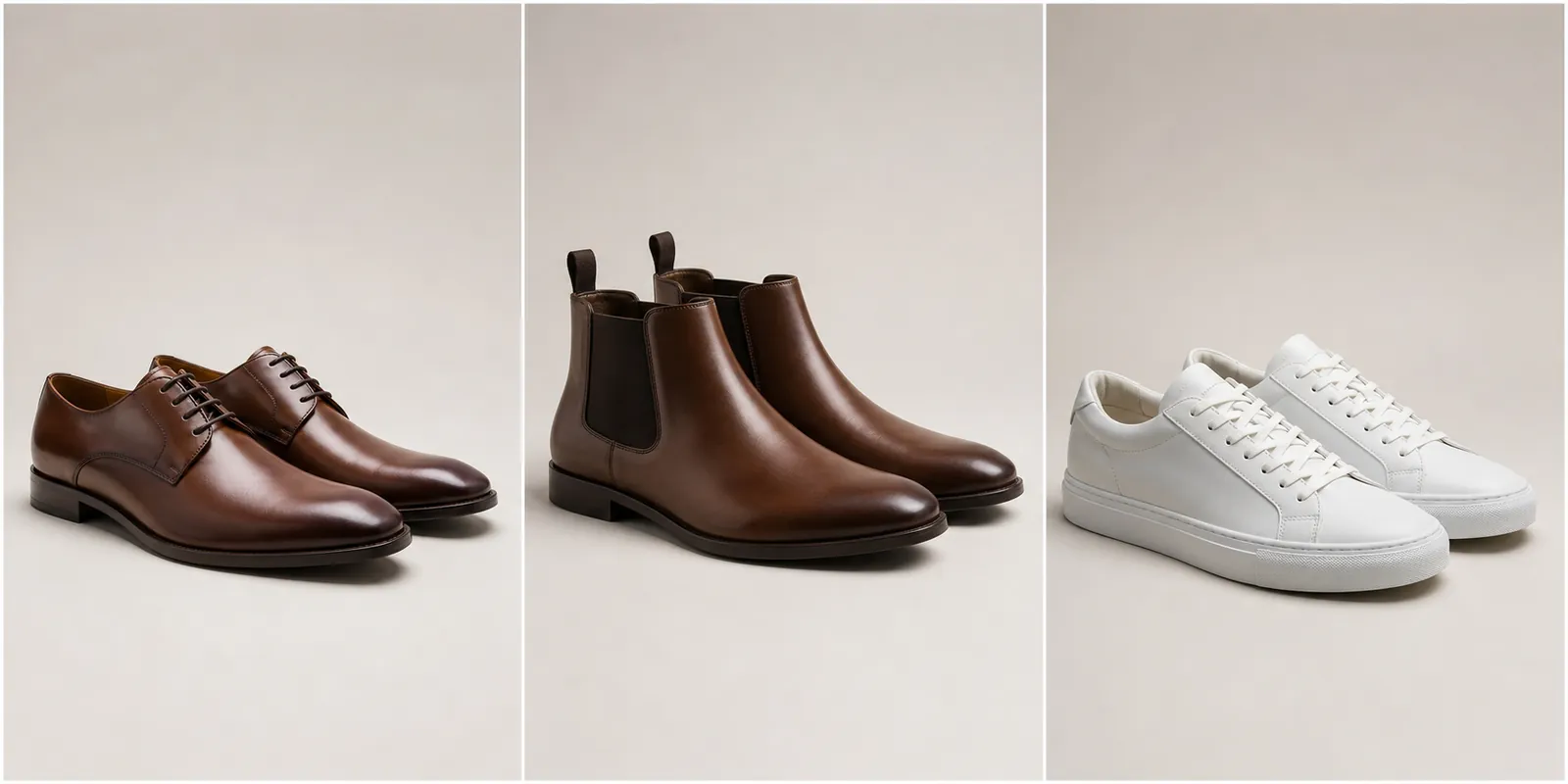 Derbies, boots chelsea marron et baskets blanches adaptées à une tenue casual chic homme