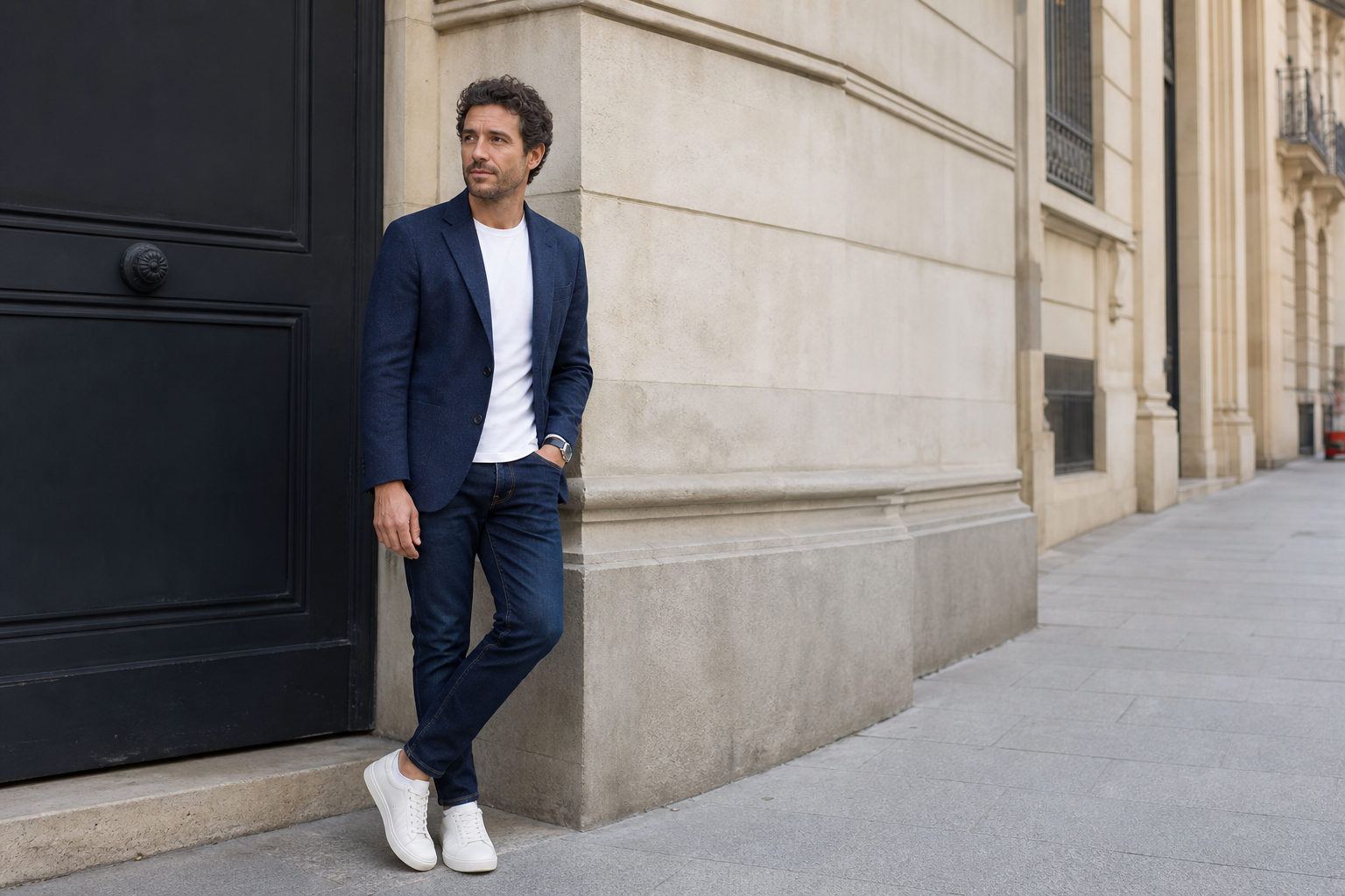 Homme en blazer bleu marine, jean brut et baskets blanches dans une rue élégante, exemple de tenue casual chic