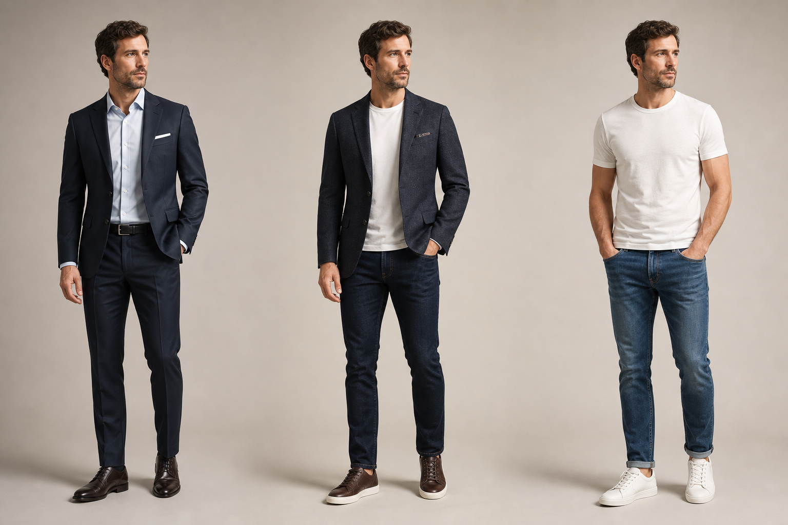 Trois silhouettes masculines illustrant un niveau formel, un niveau casual chic et un niveau très décontracté
