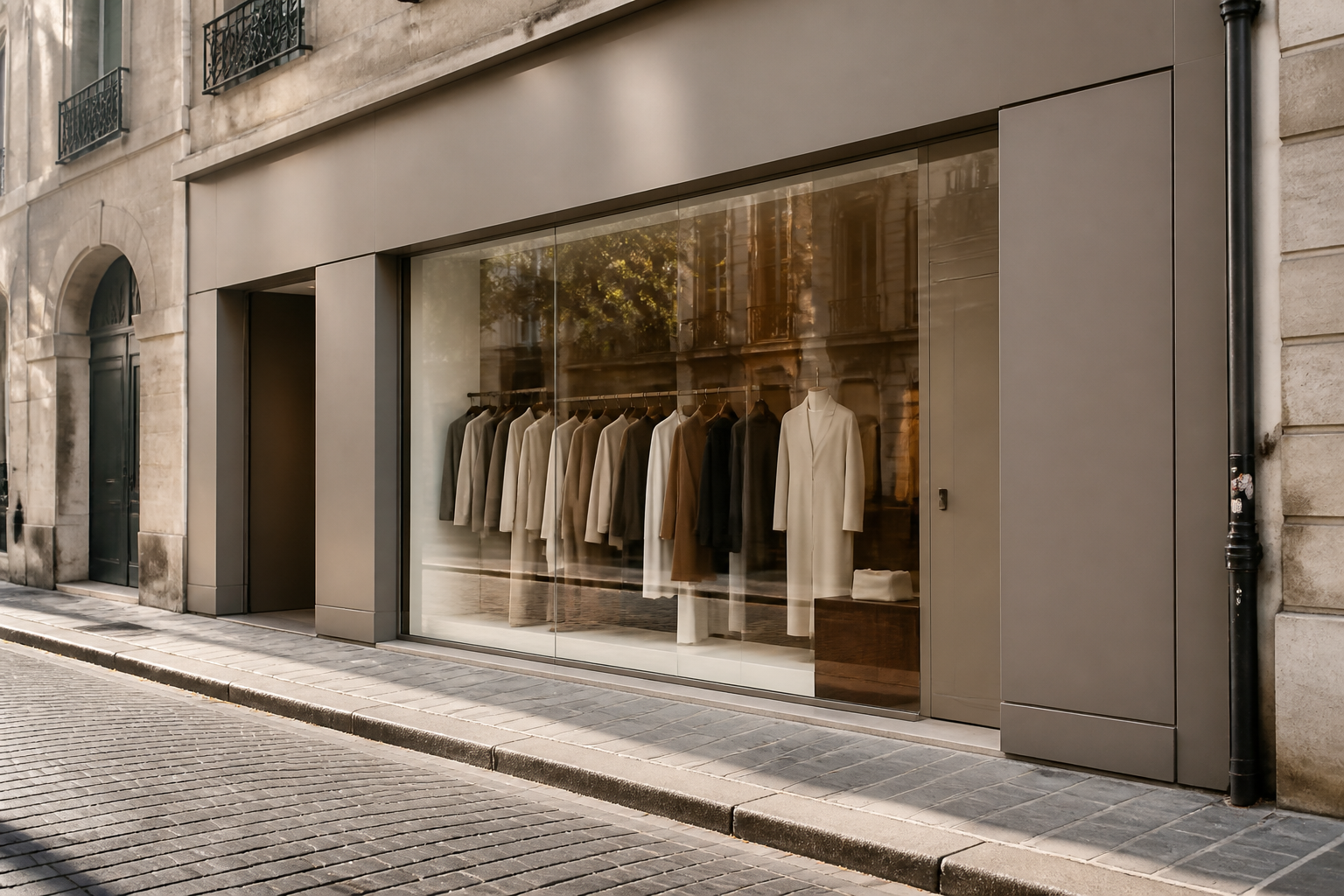 Façade d'une boutique de mode contemporaine dans une rue élégante de Bordeaux, sans logo ni enseigne lisible