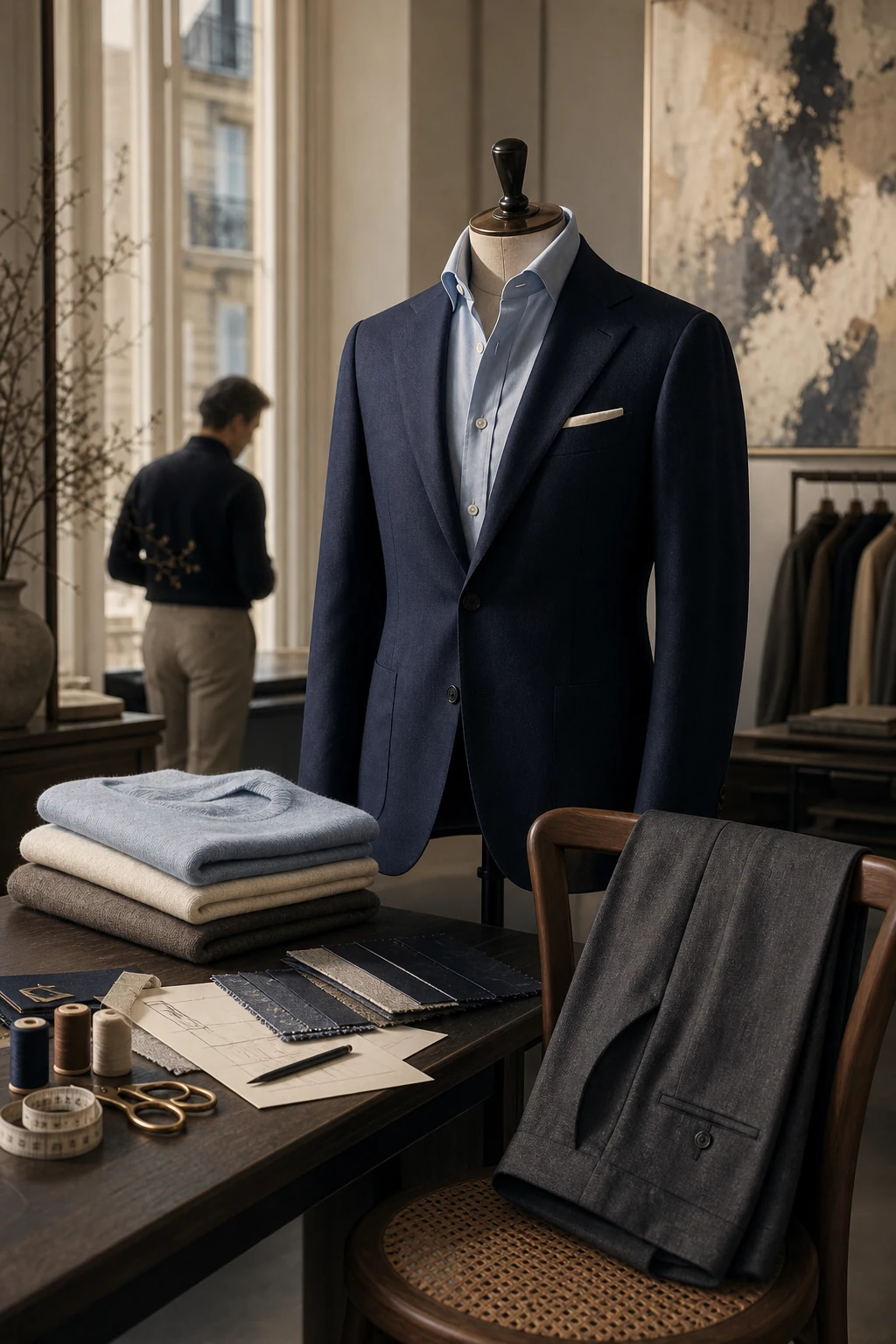 Illustration générée d’un vestiaire masculin classique avec veste bleu marine, chemise claire, pantalon gris et accessoires de coupe dans un atelier