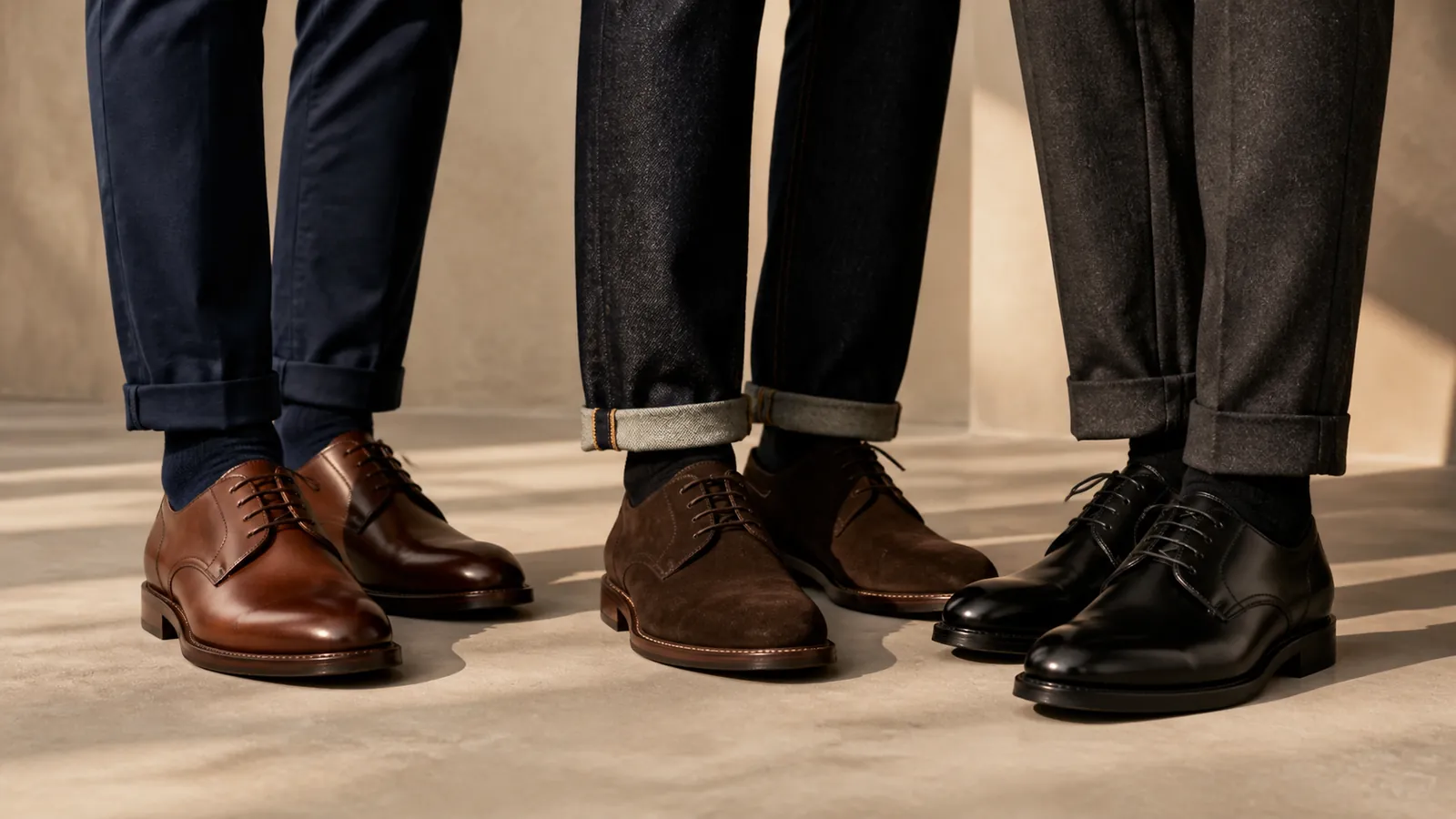 Trois associations de derbies avec chino marine, jean brut et pantalon anthracite