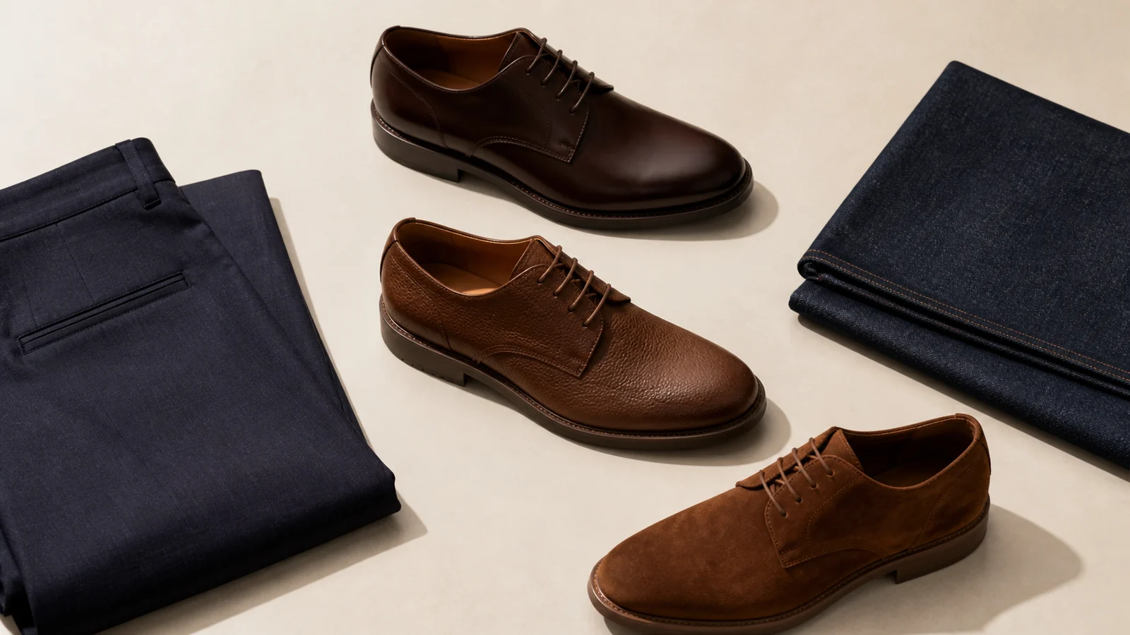 Trois derbies homme en cuir lisse, cuir grainé et veau velours avec pantalon marine et denim brut