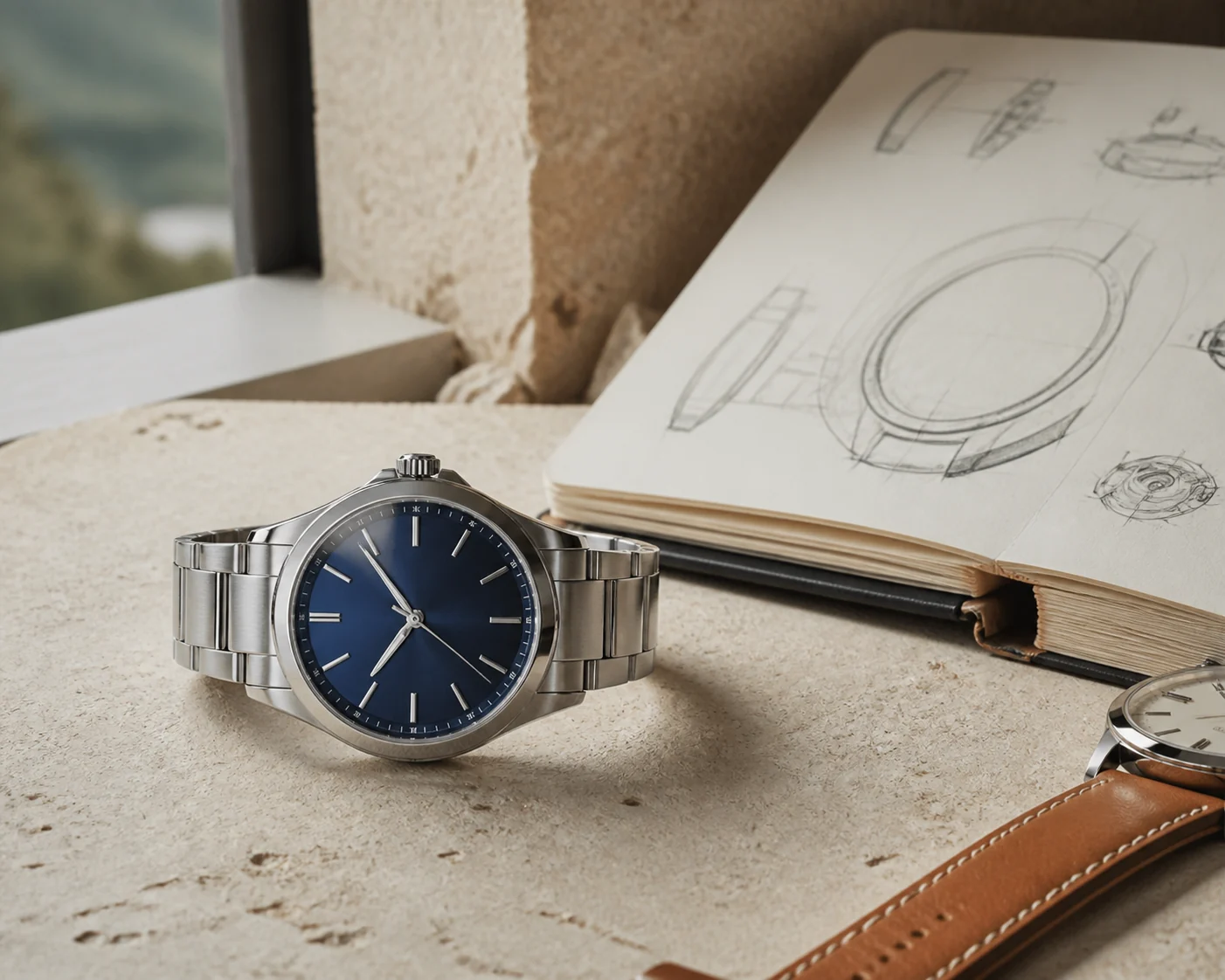Montre élégante générique posée sur une table de bois clair