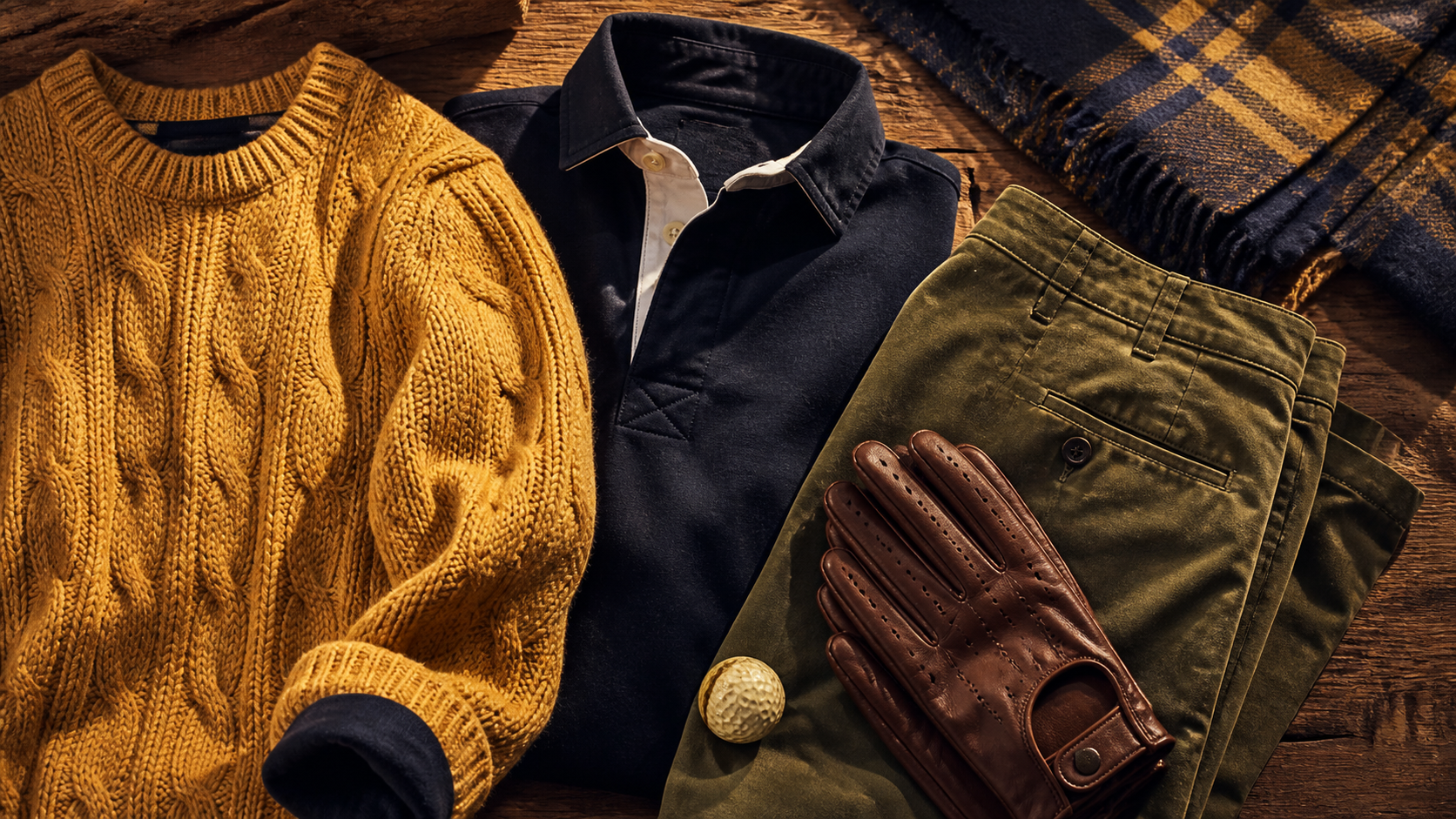 Maille moutarde, polo bleu marine et chino olive composant un vestiaire casual britannique