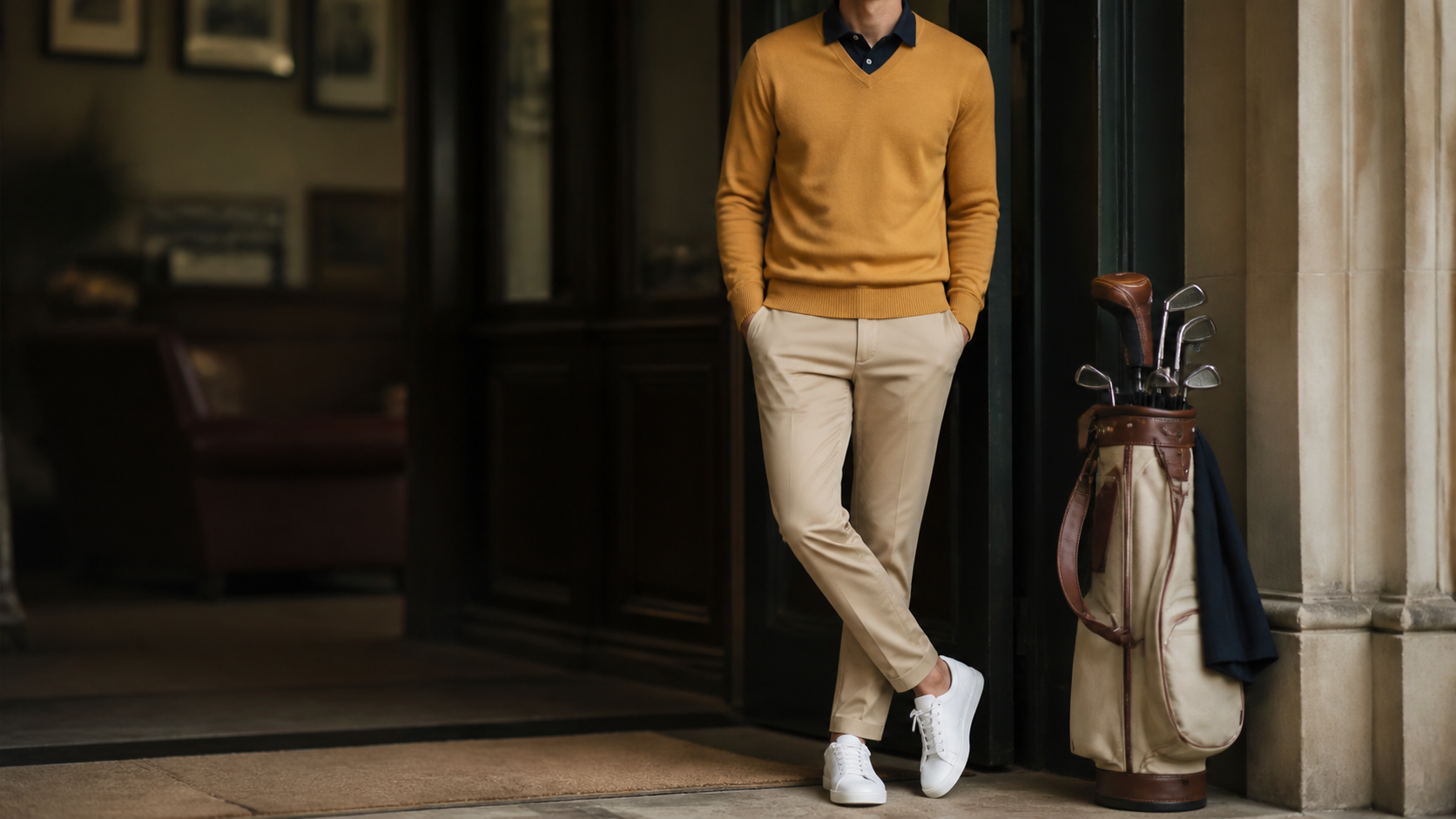 Silhouette masculine casual avec polo bleu marine, maille moutarde et chino beige