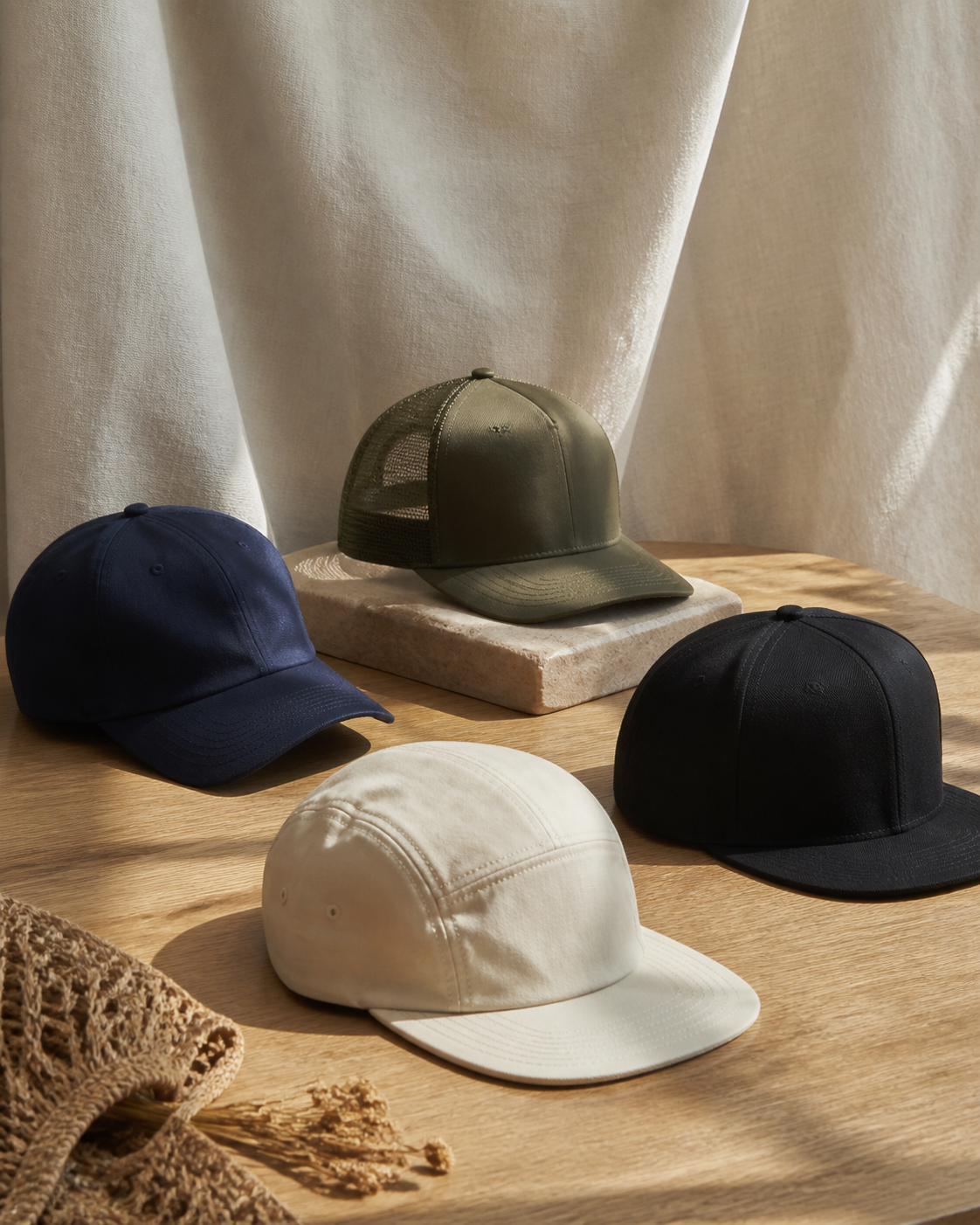 Quatre casquettes unies, de styles baseball, trucker, five-panel et visière plate, posées sur une table en bois