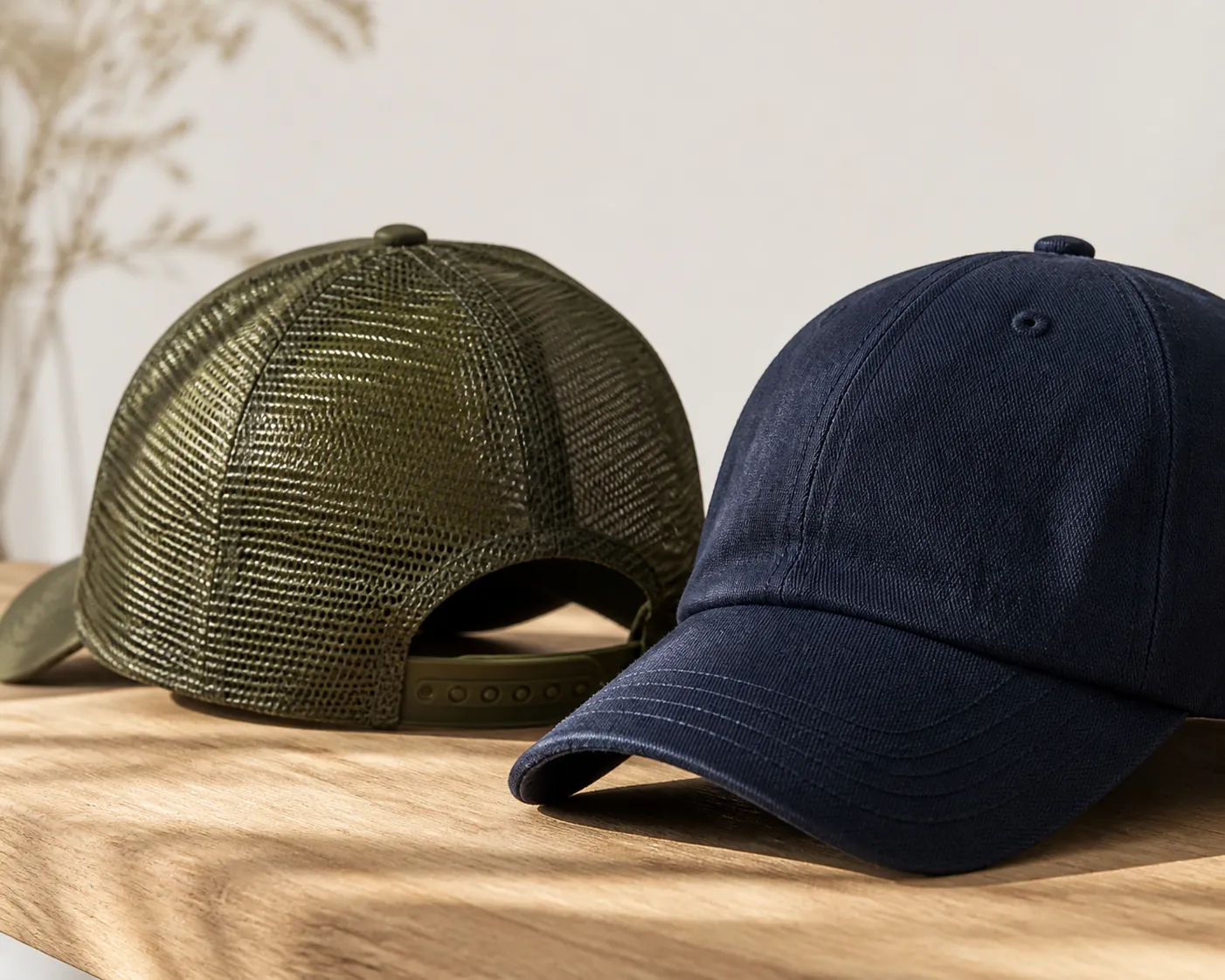 Casquette bleu marine et trucker olive vues de près, montrant la visière, le mesh et la fermeture réglable
