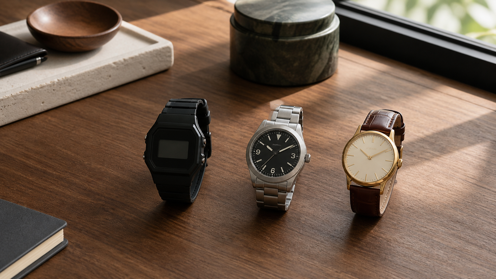 Trois montres sans logo, numérique, acier et cuir, disposées sur une table en bois