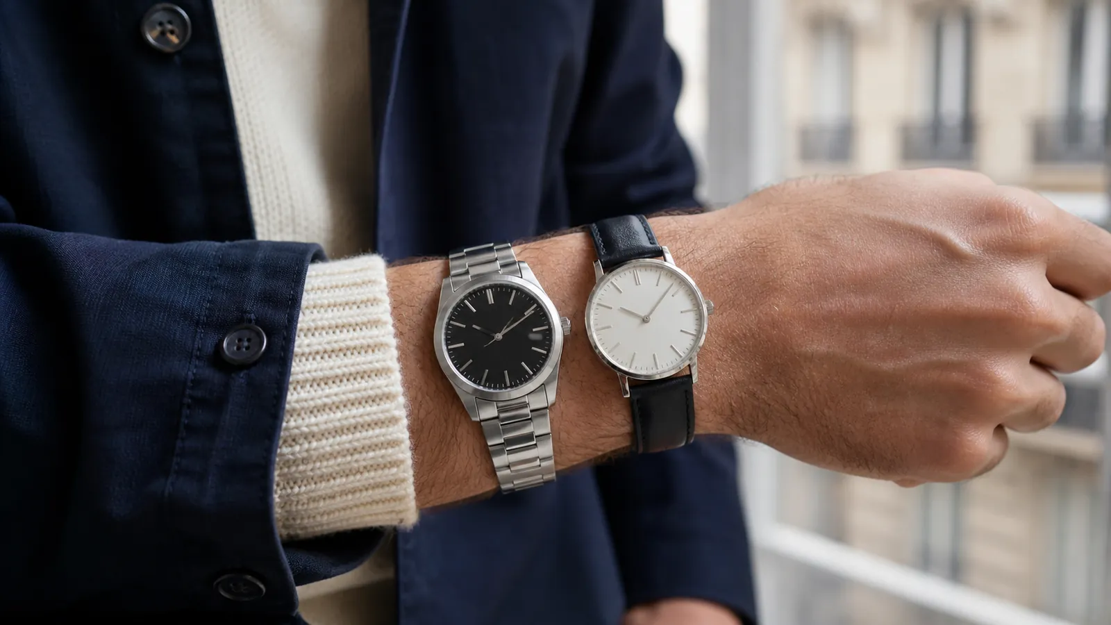 Deux montres sans logo portées avec une surchemise marine et une maille écrue