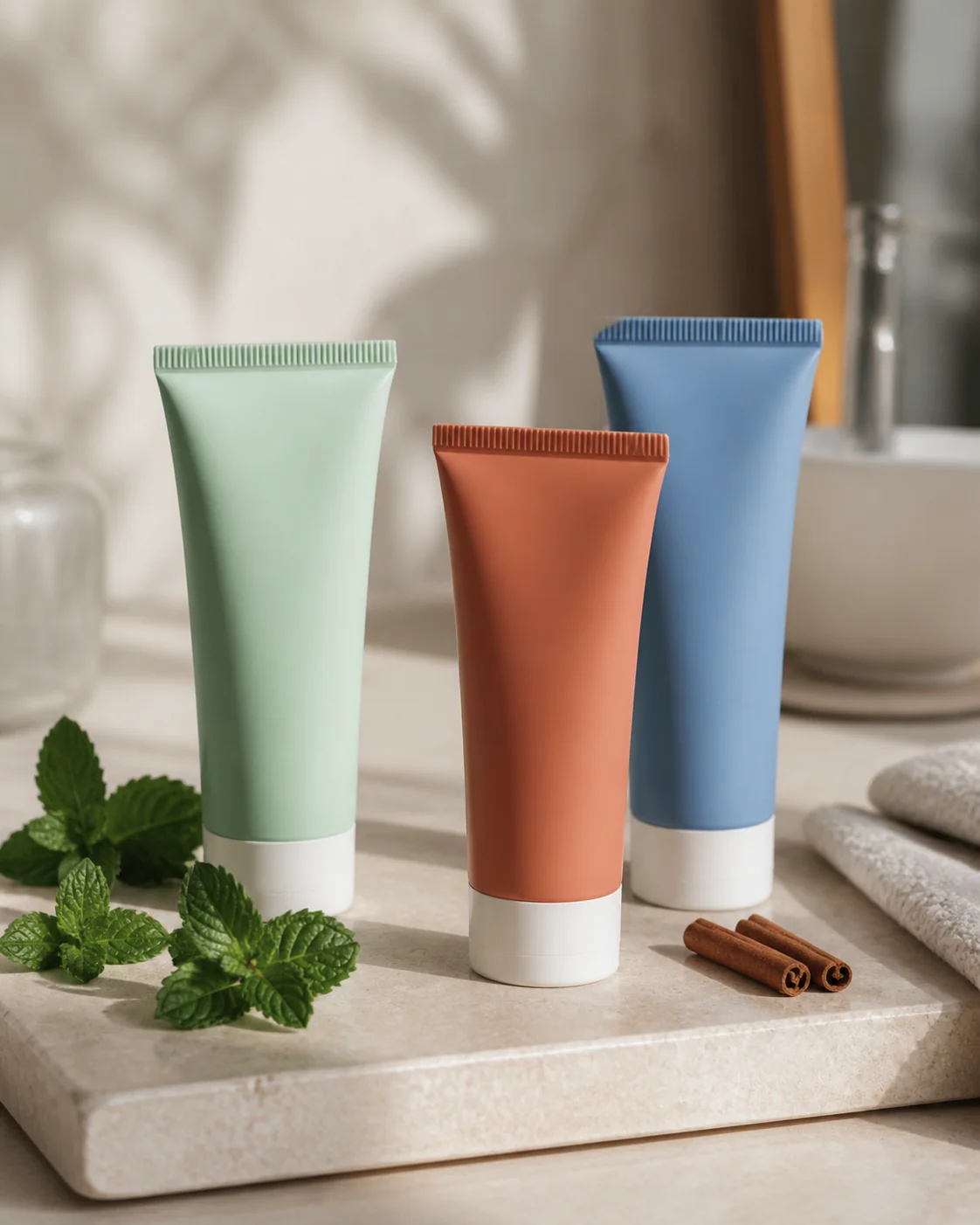 Trois tubes génériques colorés évoquant différentes familles de saveurs de dentifrice