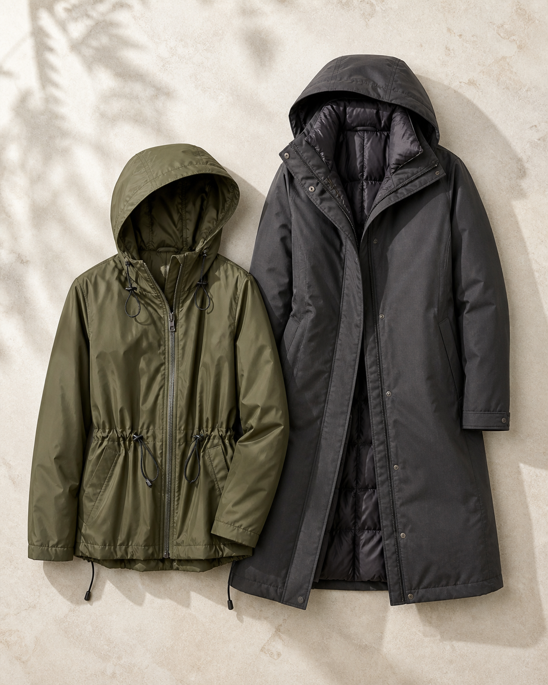 Parka courte olive et parka longue anthracite présentées côte à côte