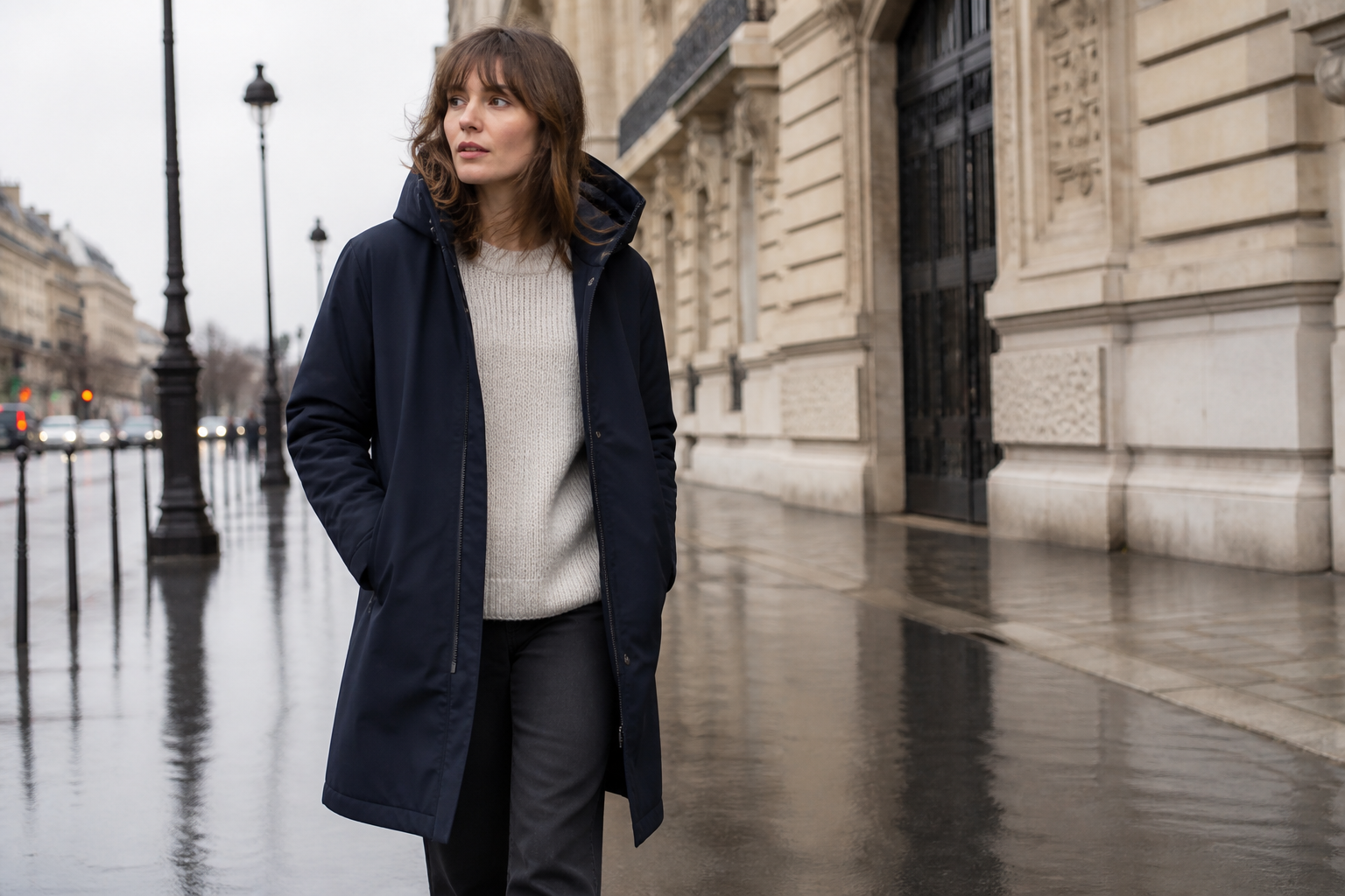 Femme portant une parka longue bleu marine dans une rue pluvieuse