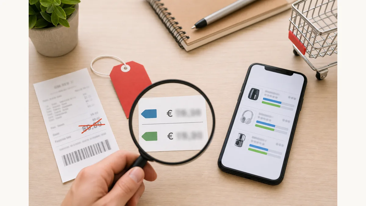 Étiquette de promotion, prix barré générique et loupe pour vérifier une remise avant achat