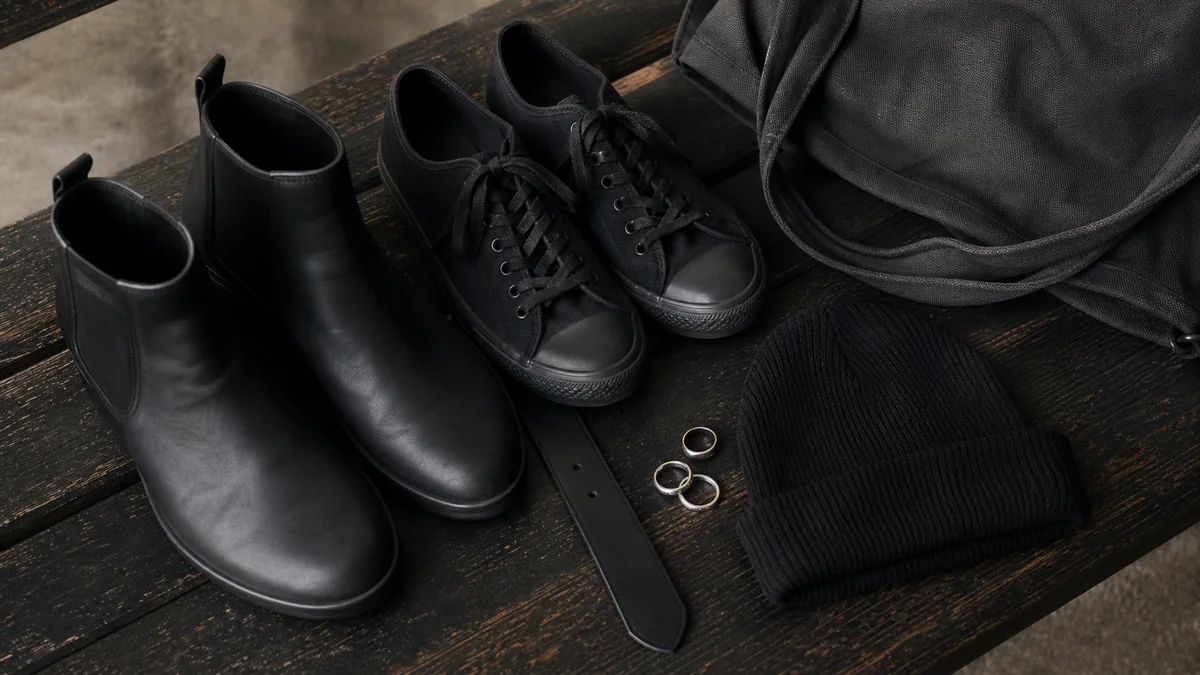 Bottines, baskets en toile, bonnet, ceinture et bagues argentées pour accessoiriser une tenue grunge