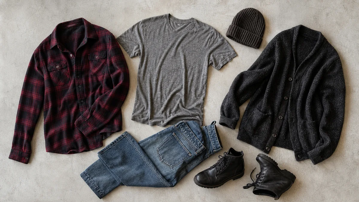 Chemise en flanelle, t-shirt gris, jean droit, cardigan sombre, bonnet et bottines disposés à plat