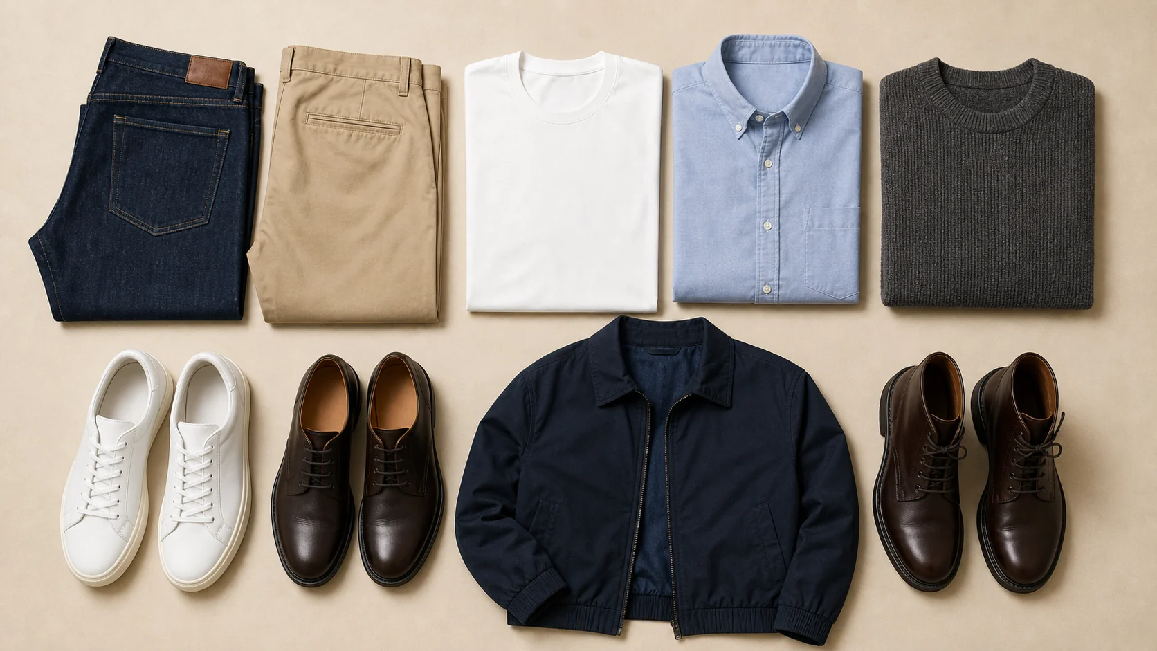 Sélection de pièces essentielles d'un vestiaire homme cohérent avec jean droit, chino, chemise, maille et chaussures sobres