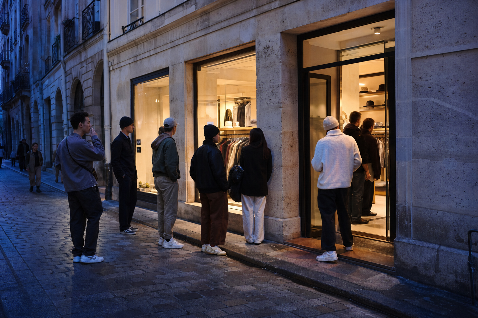 File de visiteurs devant une boutique de streetwear dans une rue pavée du Marais à Paris, à la tombée du jour