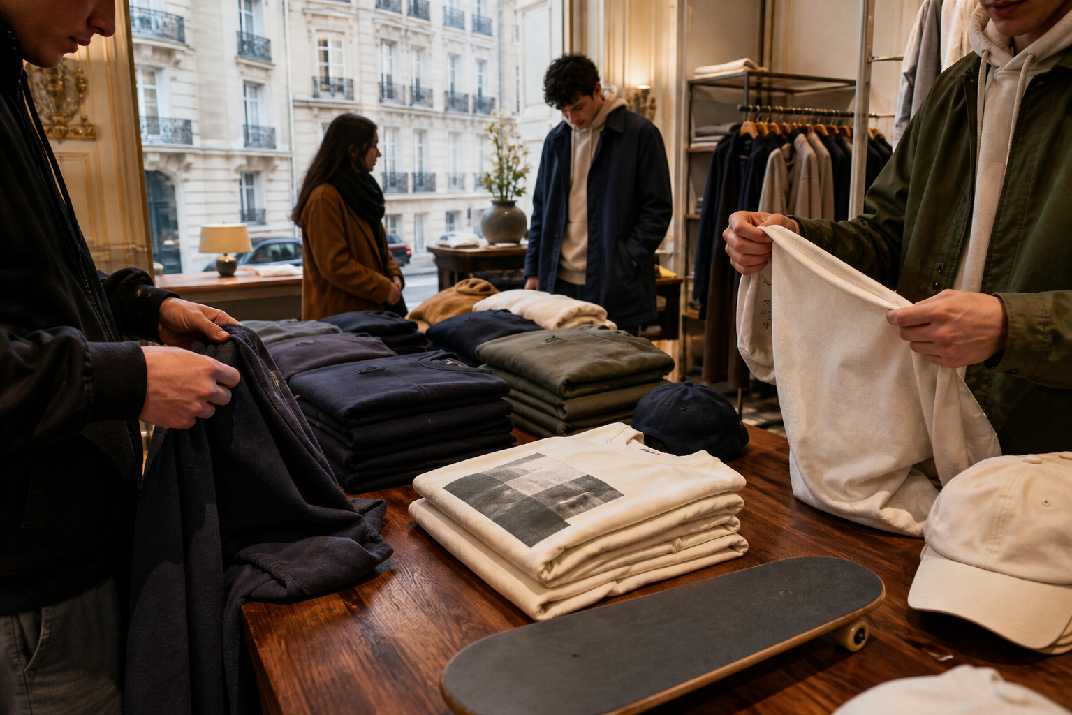 Clients examinant la matière et les tailles de sweats, t-shirts et casquettes sur une table dans une boutique parisienne