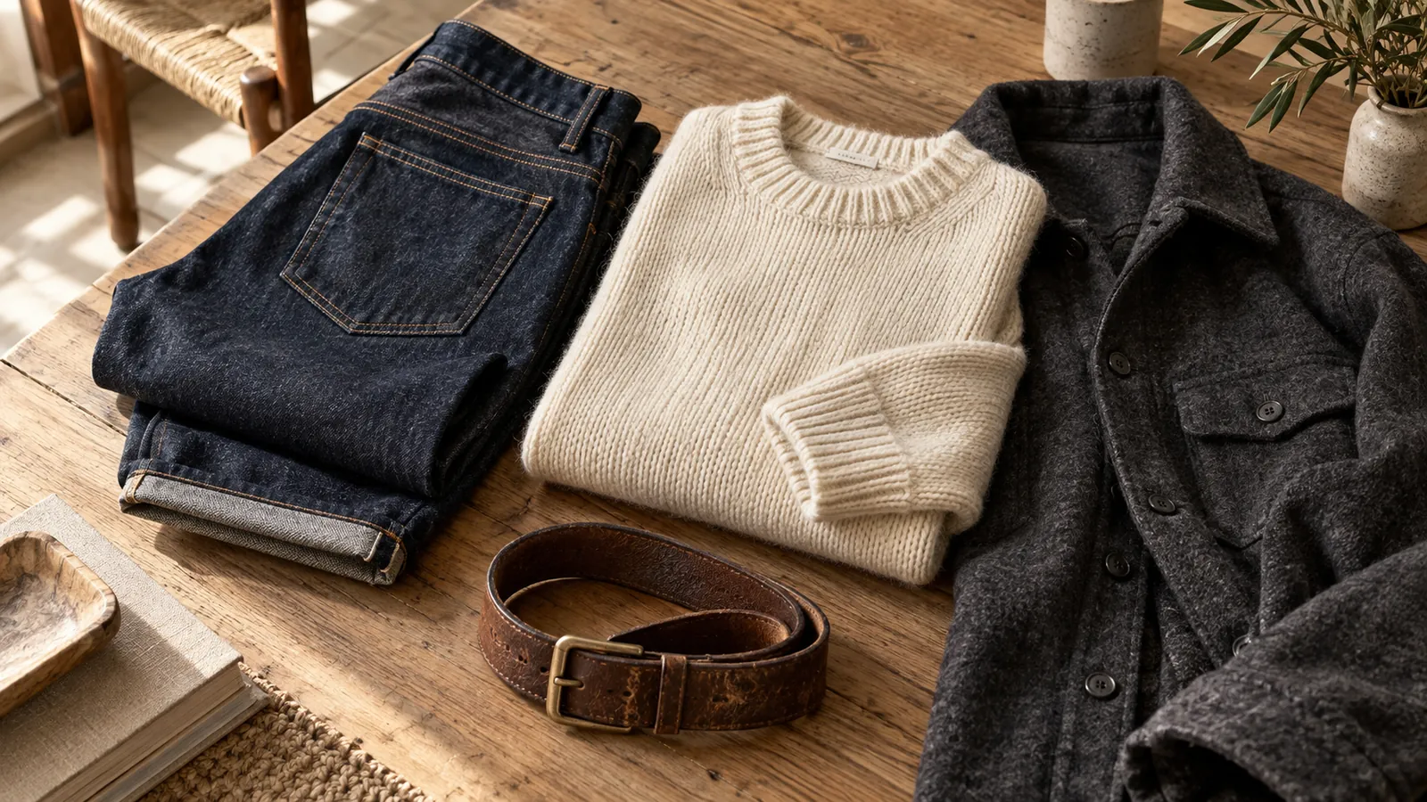 Jean indigo, pull écru et surchemise anthracite composant un vestiaire casual sobre