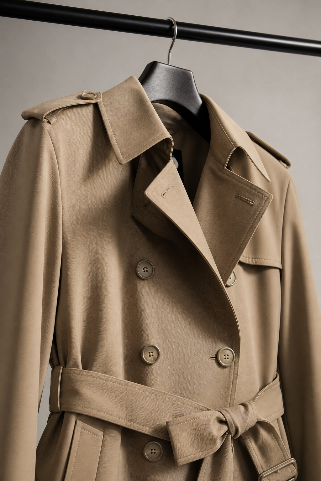 Détail d’un trench beige en gabardine avec col, boutons et ceinture nouée