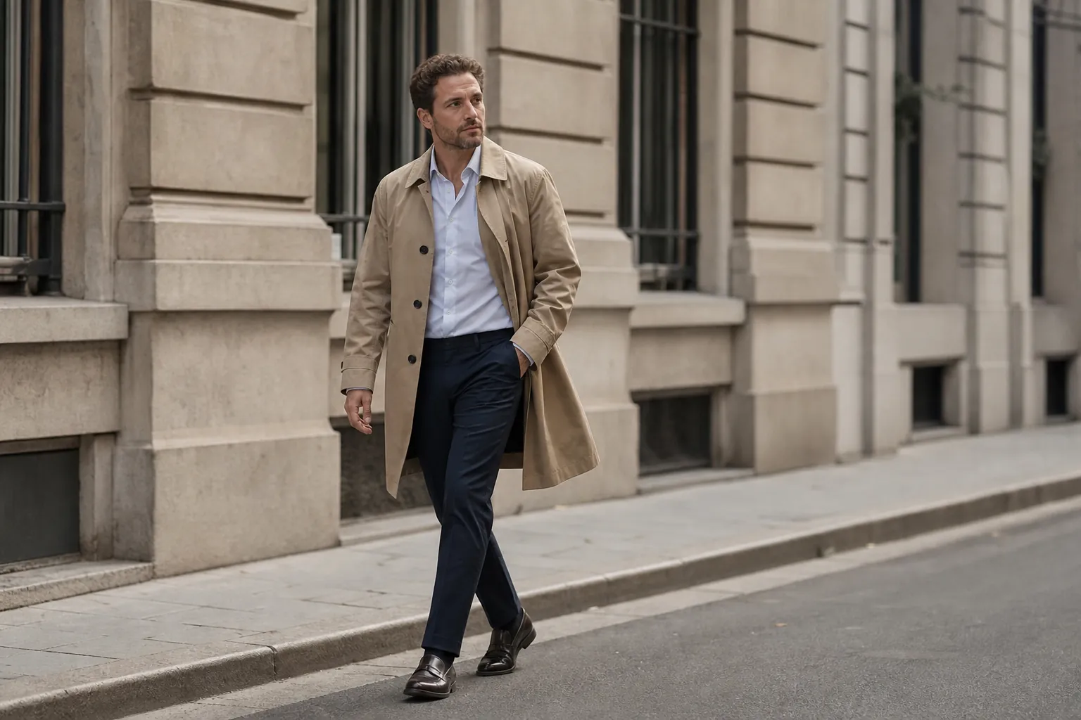 Homme portant un trench beige mi-long dans une rue urbaine sobre
