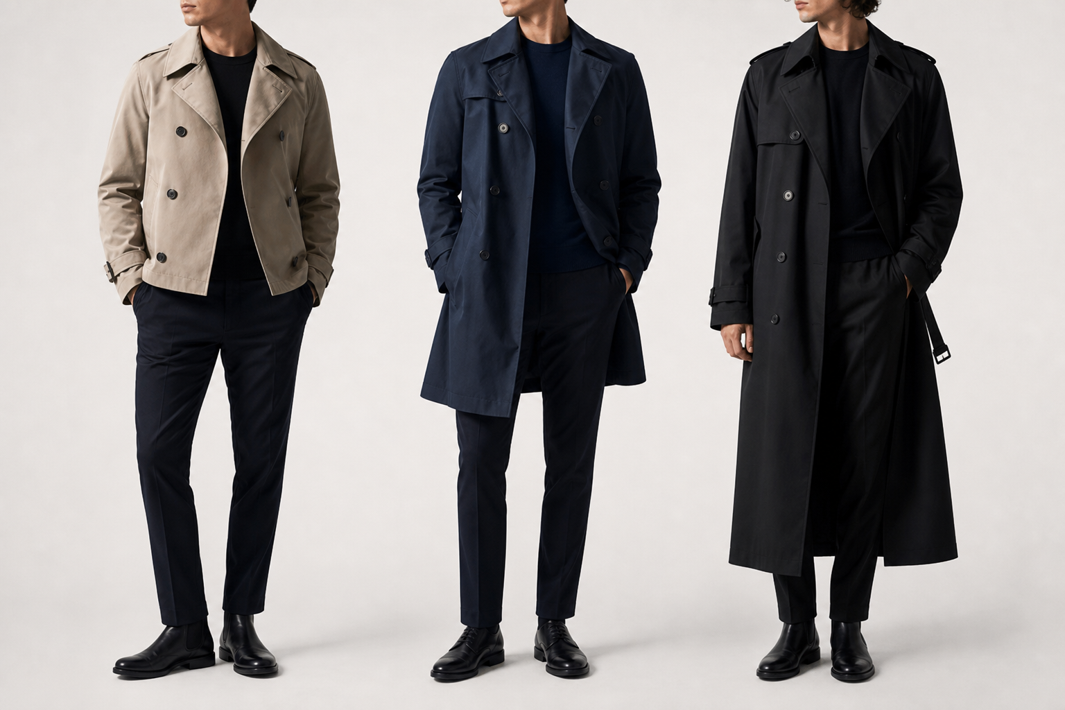 Trois silhouettes masculines montrant un trench court, un trench mi-long et un trench long