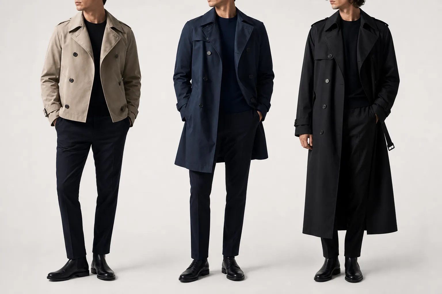 Trois silhouettes masculines montrant un trench court, un trench mi-long et un trench long